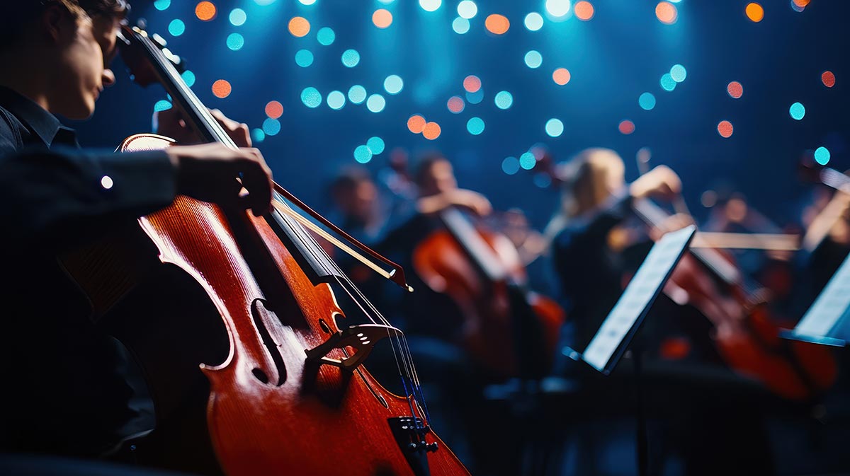Ambiance orchestre sur fond lumineux bleu Orchestre avec au premier plan un violoncelliste, sur un fond lumineux bleu et scintillant